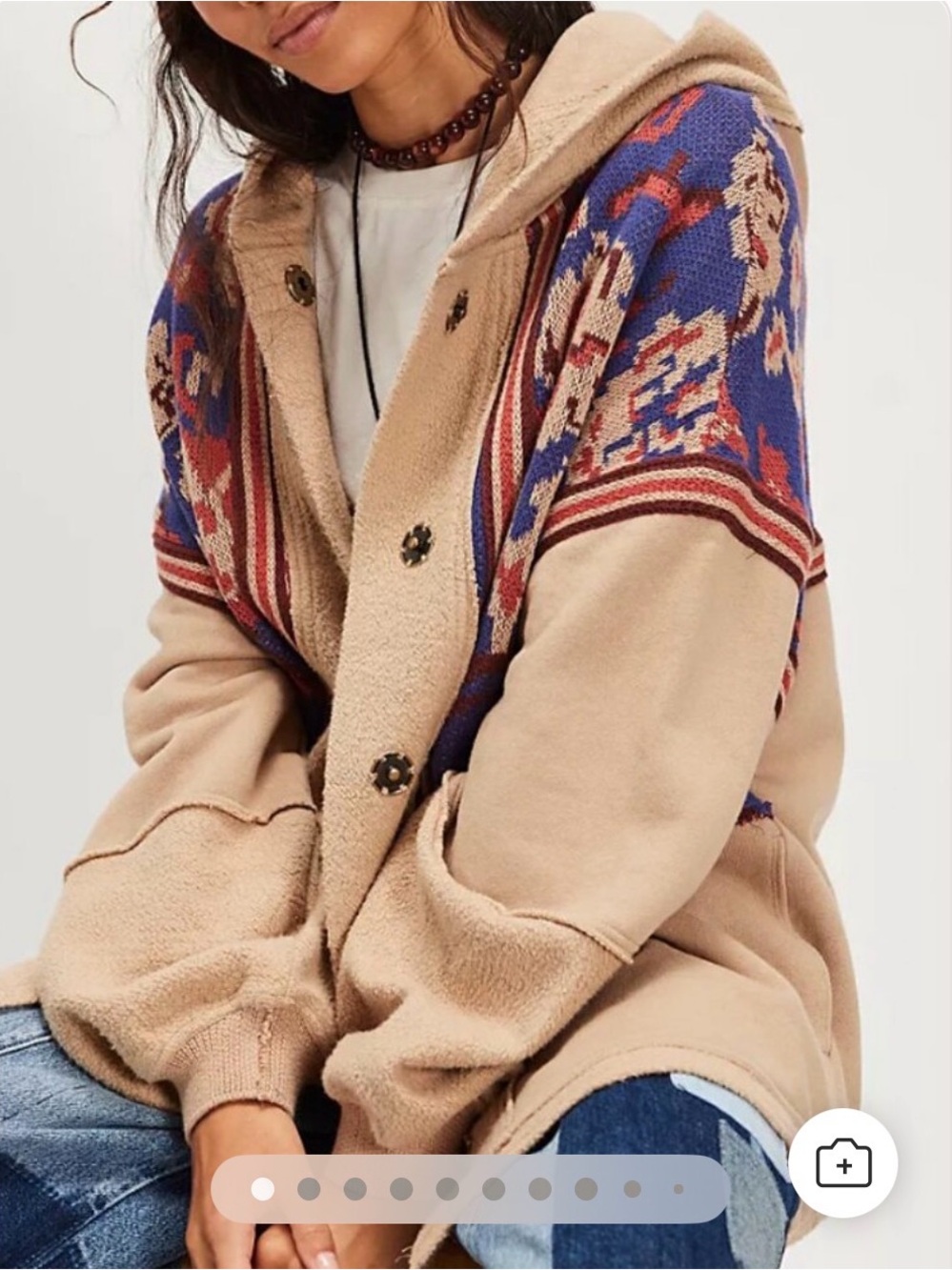 Free People Sherpa Hooded Patchwork Jacket in Beige, Blue & Rust